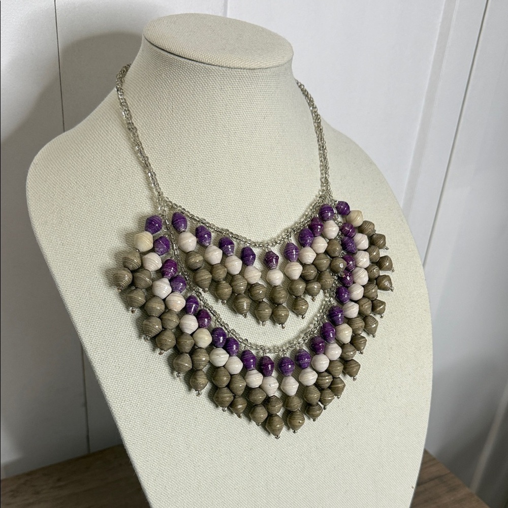 Purple, Grey and Beige Beaded Statement Necklace